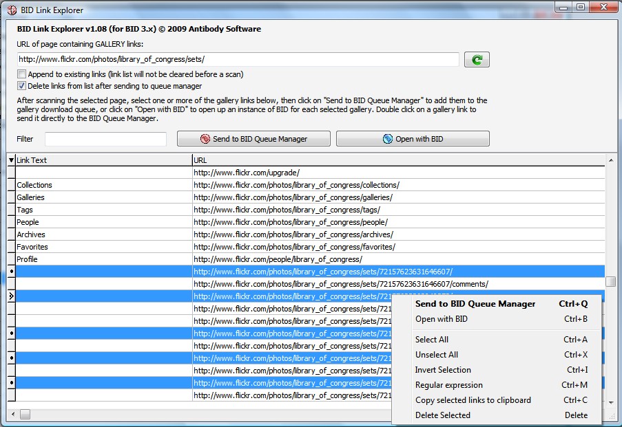 BID Link Explorer selection options